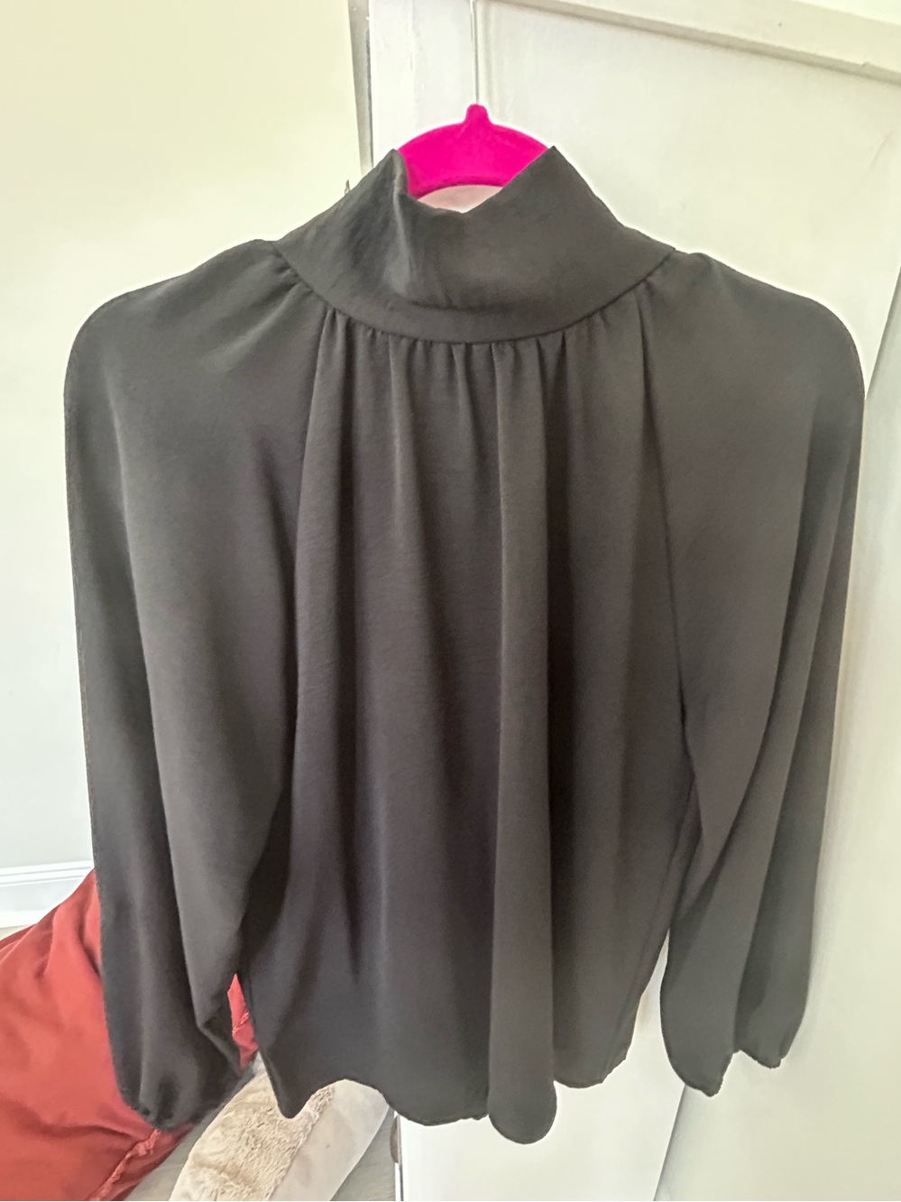 Entro Women's Black Mock Neck Blouse with Gathered Yoke and Bow Sm